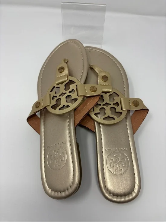 Tory Burch Gold Women's Logo Toe-Post Sandals - Picture 2 of 6